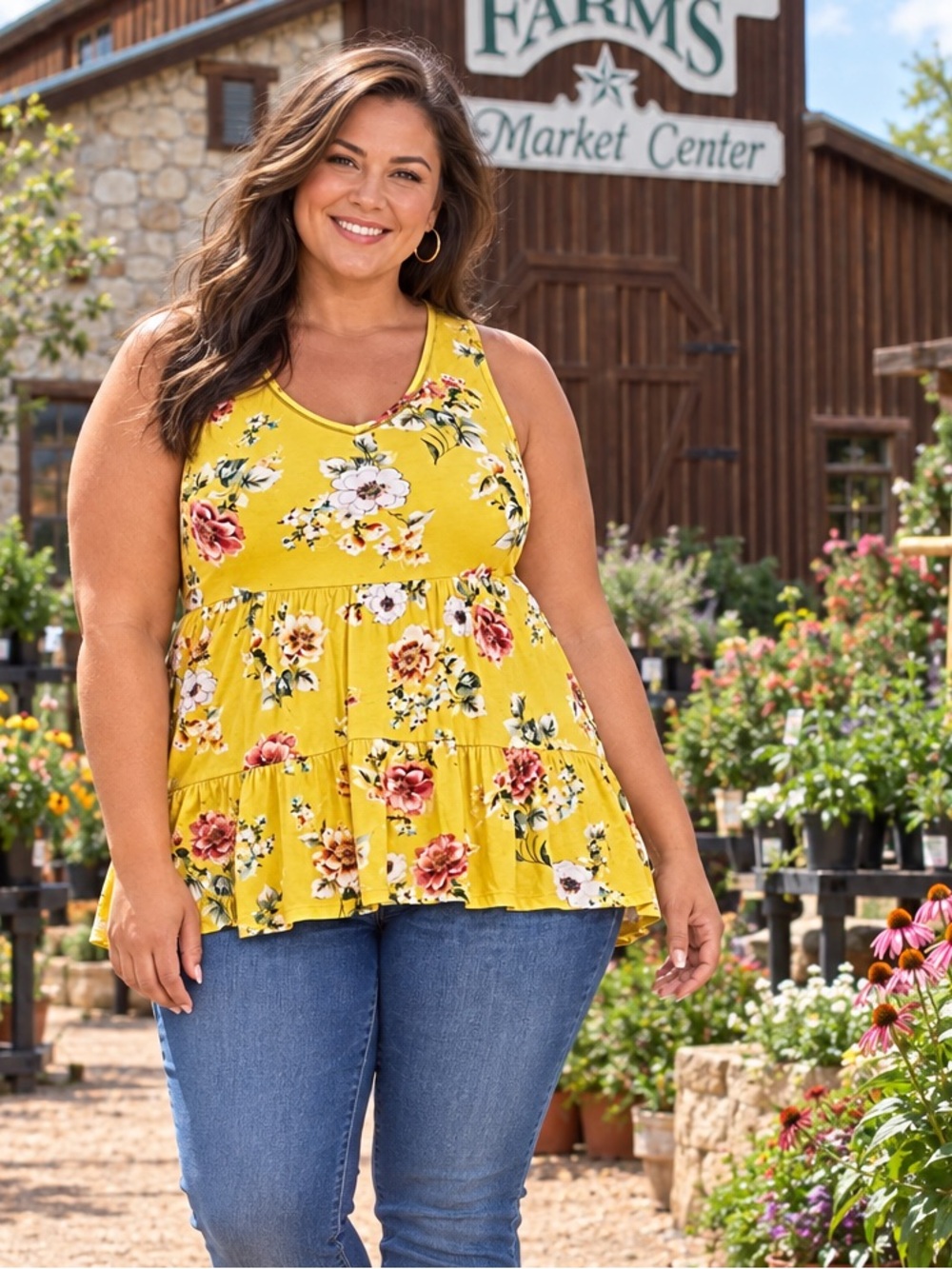 Torrid Super Soft Mustard Yellow Floral Tiered Babydoll Tank Top Size 1 1X 14 16